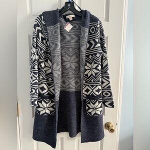 NWT Monteau Navy Blue & White Nordic Print Open Cardigan Medium